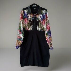 Nicole Miller Floral Sheer Blouson Dress 16 Faux Leather Collar Bodycon Skirt